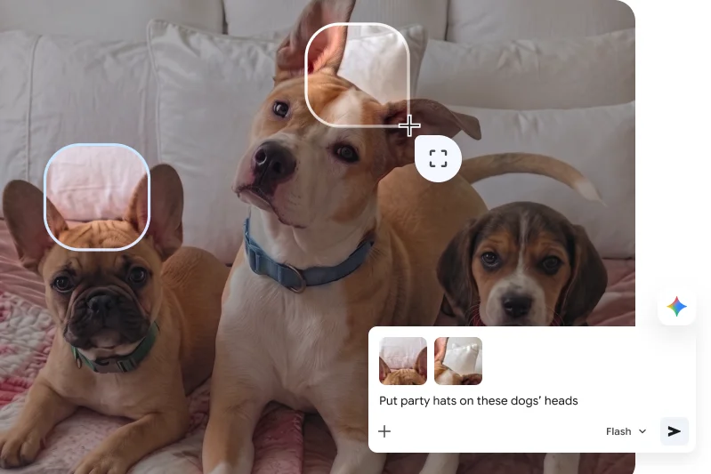 A user selects two dogs from a picture of three dogs. They ask Gemini in Chrome to add party hats to the selected dogs.