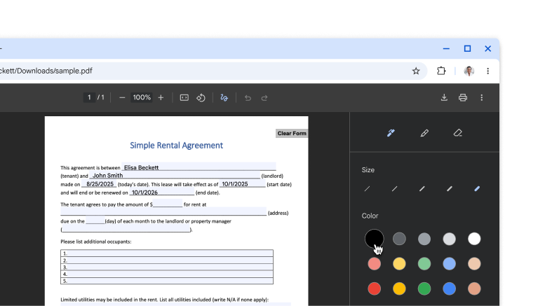 A PDF open in the Chrome PDF viewer with hand-drawn annotations and signature.