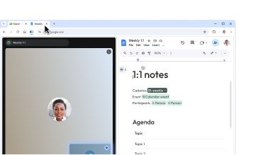 A user creates a split view by dragging one tab into another. This lets them easily take notes during a Google Meet call.